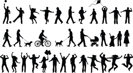 Fototapeta premium WebSilhouettes of people walking, dancing, playing, jumping, flying kite, riding bike, pushing stroller, holding balloons, celebrating, interacting, enjoying outdoor activities