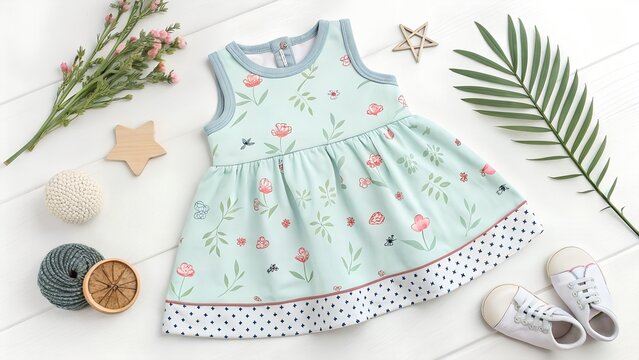 This charming flat lay image showcases a mint green baby or toddler dress adorned with a delicate floral and nature-inspired pattern