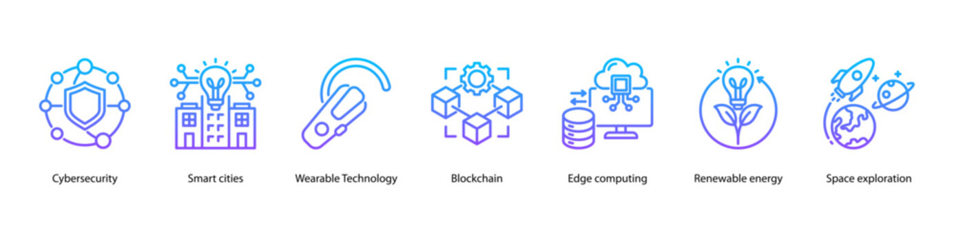 Future City and Space Innovation web banner icon vector illustration featuring Cybersecurity, Smart Cities, Wearable Technology, Blockchain, Edge Computing, Renewable Energy, and Space Exploration.