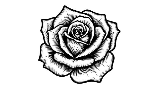 Black and white illustration of a single rose with delicate petals and tightly coiled bud