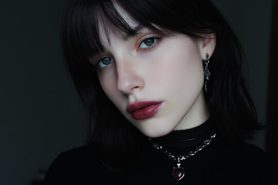 Close-up portrait of a young woman with dark hair and striking blue eyes wearing jewelry