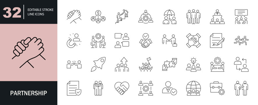 Partnership icon set. Editable line icons. Vector illustration.