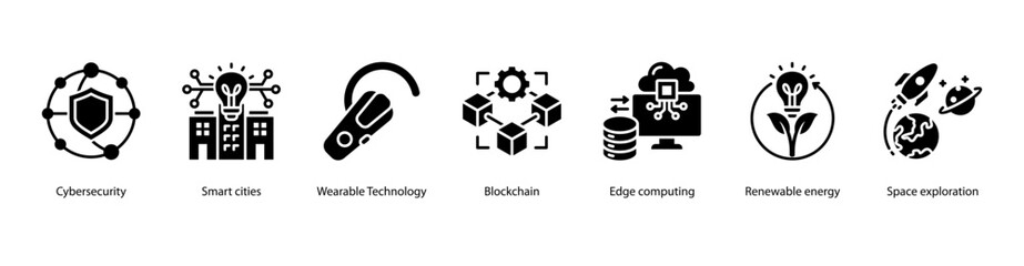 Future City and Space Innovation web banner icon vector illustration featuring Cybersecurity, Smart Cities, Wearable Technology, Blockchain, Edge Computing, Renewable Energy, and Space Exploration.