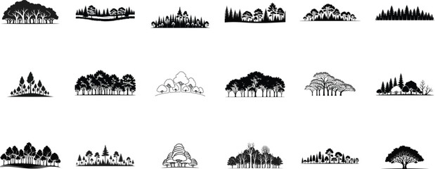Collection of various tree silhouettes isolated on transparent background