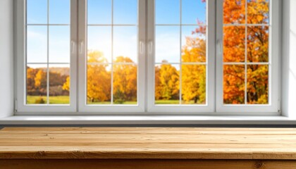 Sunlit autumn landscape through large windows with a wooden table in the foreground, showcasing vibrant fall colors.