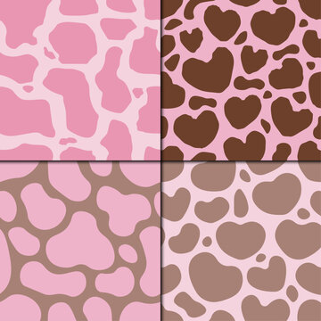Set of seamless Valentine cow patterns combining classic cow spots with heart shapes in pink and brown tones. Ideal for fabric, wrapping paper, packaging, stationery, and cute romantic designs.
