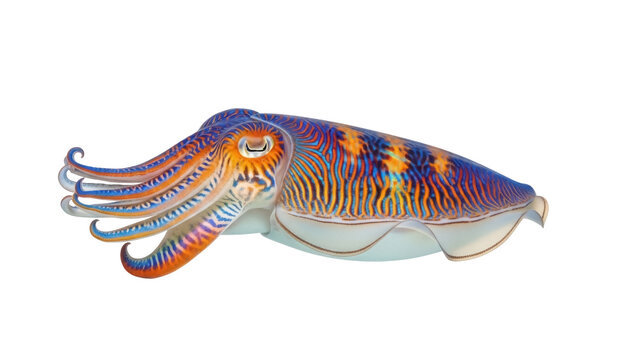 Isolated Broadclub cuttlefish swimming, colorful cephalopod, marine animal of the ocean, wildlife