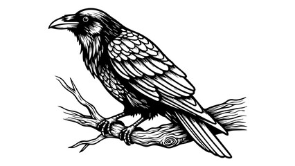 Obraz premium Black and white illustration of a crow perched on a textured branch