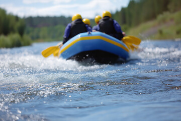Group of friends enjoying white water rafting adventure on a sunny day
