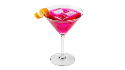 Isolated Pink Martini Cocktail with Orange Peel, a festive alcoholic drink on a stem glass