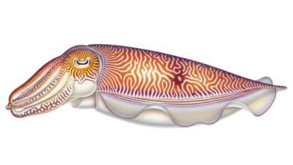 Isolated Cuttlefish with orange and white stripes swims in open water, close-up view artwork