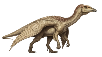 Isolated Feathered Dinosaur Creature Illustration in Side View Posed on Ground for Ancient History