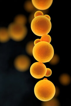 Golden liposome vesicle molecule cluster, glowing nanosphere cell structure, organic bubble chain, abstract science background, medical research concept, futuristic biotech art