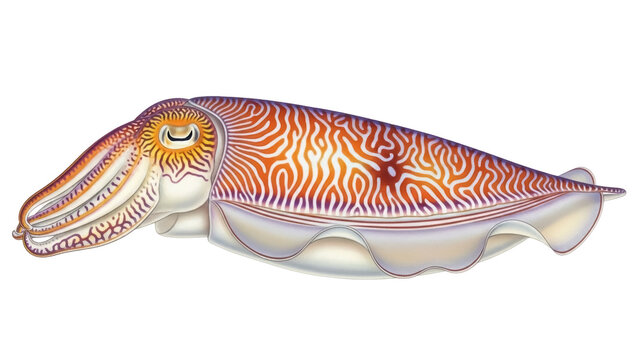 Isolated Cuttlefish with orange and white stripes swims in open water, close-up view artwork