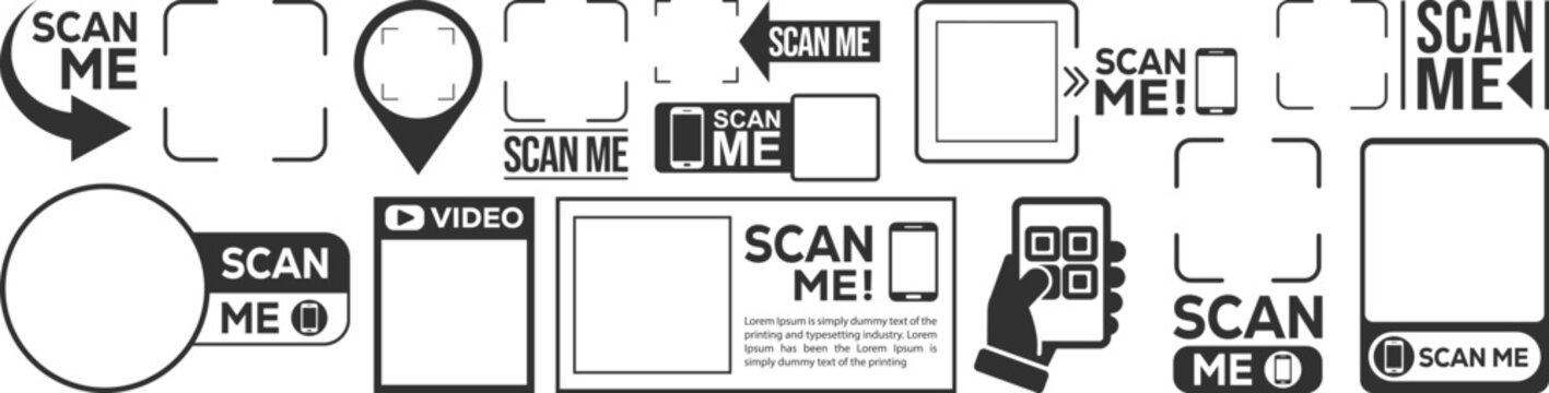 Large collection of black and white "Scan Me" QR code frame vectors. Set includes various modern border styles, call-to-action buttons, and smartphone icons for digital marketing and retail use.