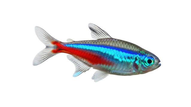 Isolated beautiful shiny colorful Paracheirodon innesi, neon tetra fish close-up, side view