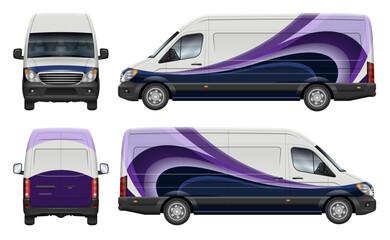 Delivery cargo van wrap vector mockup view from side, front, rear. Perfect for vehicle branding, corporate identity and design concepts. All elements in the groups are in separate layers © Yuri Schmidt