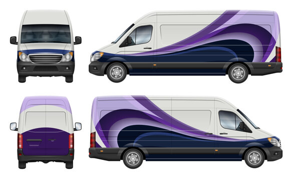 Delivery cargo van wrap vector mockup view from side, front, rear. Perfect for vehicle branding, corporate identity and design concepts. All elements in the groups are in separate layers
