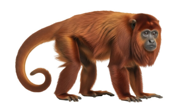 Isolated Red Howler Monkey side view standing close on ground ready to leap forward animal