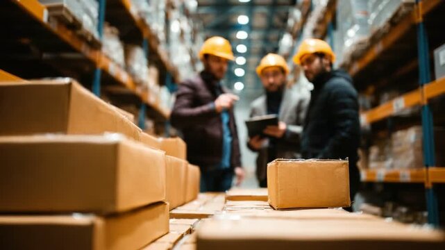 Warehouse Collaboration: A focused team of workers, adorned in protective helmets, meticulously manage the logistics, standing amidst towering rows of packages and shelving units.