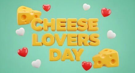 Fototapeta premium Cheese lovers day celebration with cheese and heart graphics on teal background