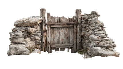 An ancient architecture ruins landscape featuring an old wooden door on a stone building wall set against a mountain sky and natural rock scenery for travel and tourism