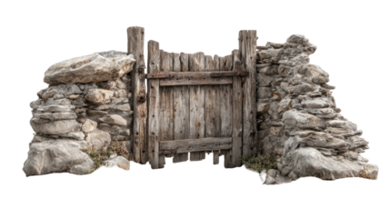 An ancient architecture ruins landscape featuring an old wooden door on a stone building wall set against a mountain sky and natural rock scenery for travel and tourism
