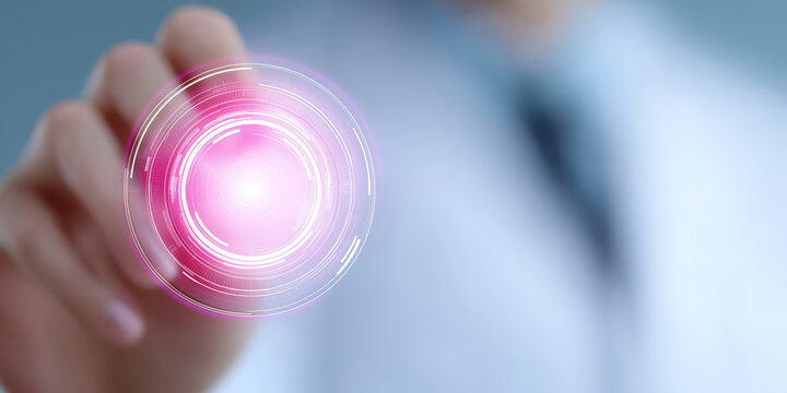 Hand touching a futuristic pink glowing digital interface with concentric circles - Powered by Adobe
