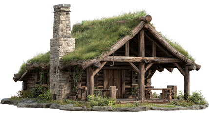 An abandoned traditional wooden house with a stone wall and rustic roof stands amidst a rural village landscape under a clear sky in the European countryside