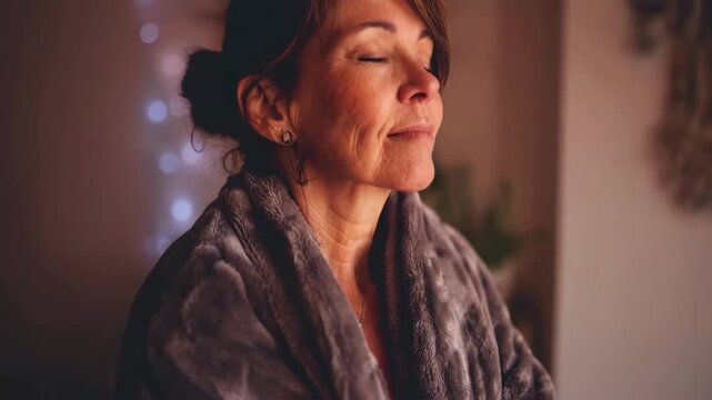 Medium shot of an adult gently embracing a weighted blanket in a softly lit room with blurred lowstimulation decor in the background.