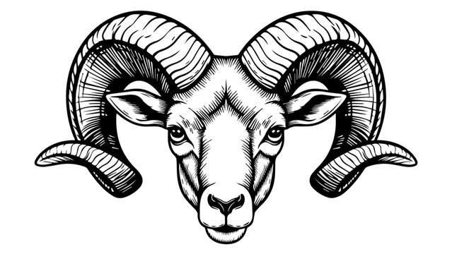 Black and white illustration of a ram's head with large curved horns