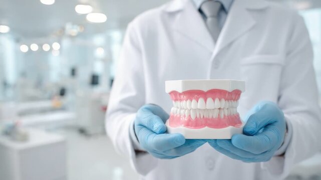 The Dentist's Model: A healthcare professional, clad in a crisp white coat and wearing blue gloves, gently displays a detailed model of teeth, emphasizing the importance of dental care and health.