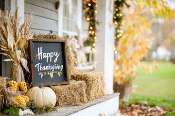 Thanksgiving porch decor with pumpkins and autumn harvest elements
