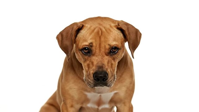 Close-up Portrait of a Sad Brown Dog Looking at Camera on White Background