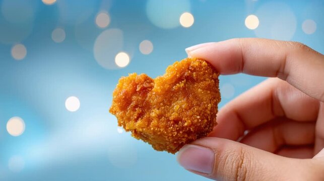 Hand holding crispy golden heart-shaped nugget on blue background with golden bokeh, close-up, copy space, food style, emphasizing the texture of breading and the attractiveness of the snack.
