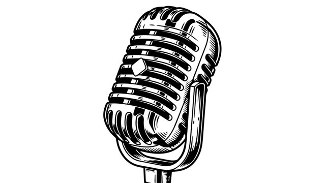 Vintage microphone illustration with concentric rings and intricate grooves on a minimalist stand