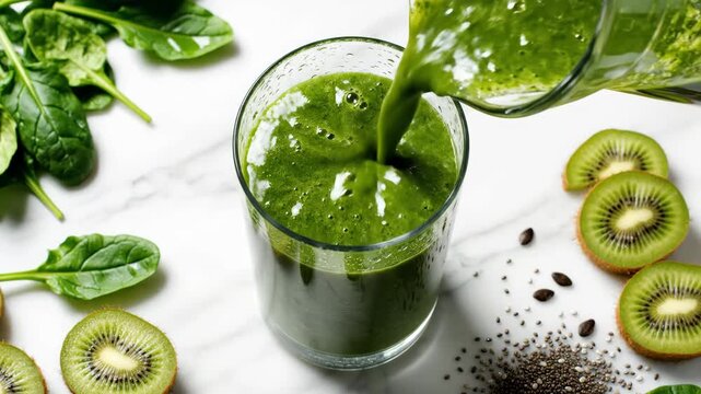 Green smoothie being poured into a tall glass with kiwi and spinach