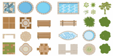 Top down view of swimming pools furniture and landscaping elements illustration © Rina