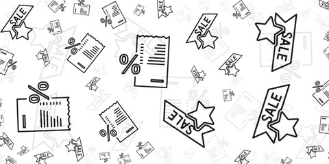 Set of Hand-Drawn Sale Tags and Receipts with Percentage Symbols on Textured Background