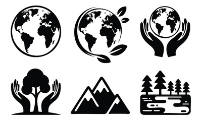 Obraz premium Set bundle Earth Day silhouette planet hands mountain tree landscape symbols