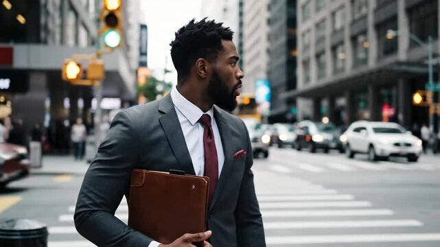 A stylish African American professional stands on a vibrant city street, suit jacket and tie impeccably dressed, holding a document case. The urban background is softly blurred with traffic and