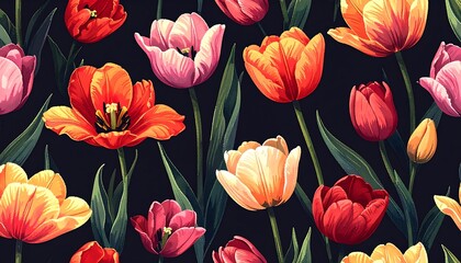 A vivid floral pattern featuring numerous tulips in shades of red, orange, and pink against a dark background