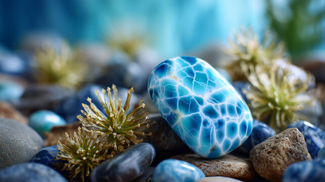 Larimar gemstone close-up with ocean-like turquoise patterns, calm lighting, spa and wellness concept, high detail