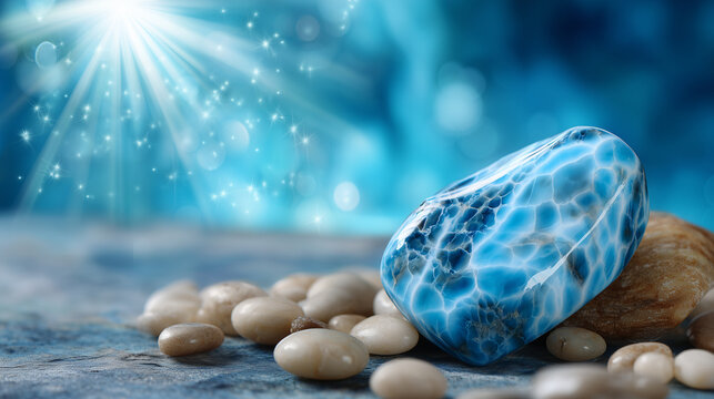 Larimar gemstone close-up with ocean-like turquoise patterns, calm lighting, spa and wellness concept, high detail