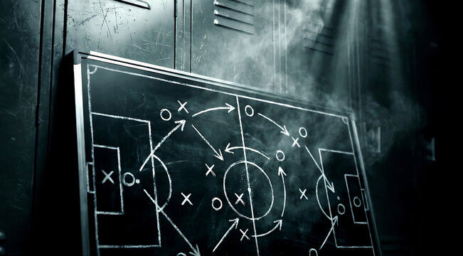 Soccer coaching tactical board with chalk diagrams in locker room.