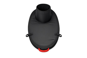 Black neoprene kayak spray skirt with red grab loop and adjustable straps