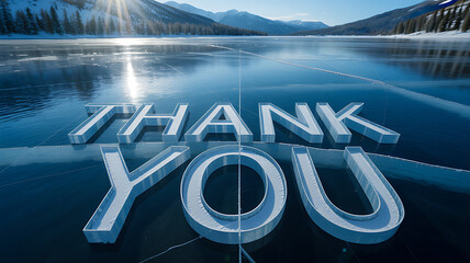Giant "Thank You" letters on a vast frozen lake reflecting the sunlit mountains