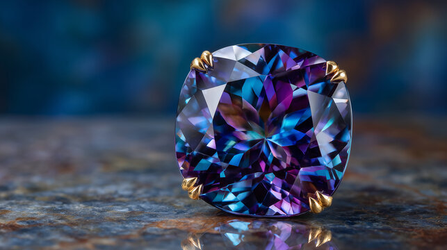 Alexandrite gemstone on reflective surface, dramatic studio lighting, premium jewelry advertising style