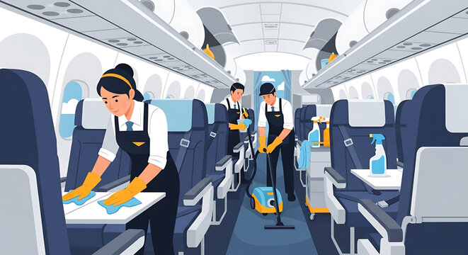 Airplane Cabin Cleaning Crew Deep Cleaning and Sanitizing Passenger Seats and Aisles for Health and Safety Protocols