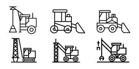 Crane and construction vehicle icons in a simple black line art design. © The Graphix Island